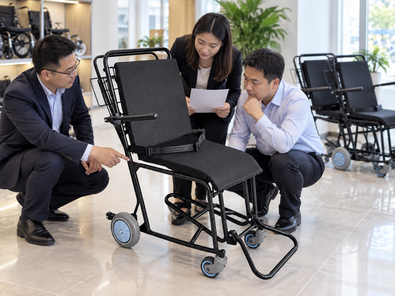 Illustrative fleet tender review beside a black attendant airport service chair