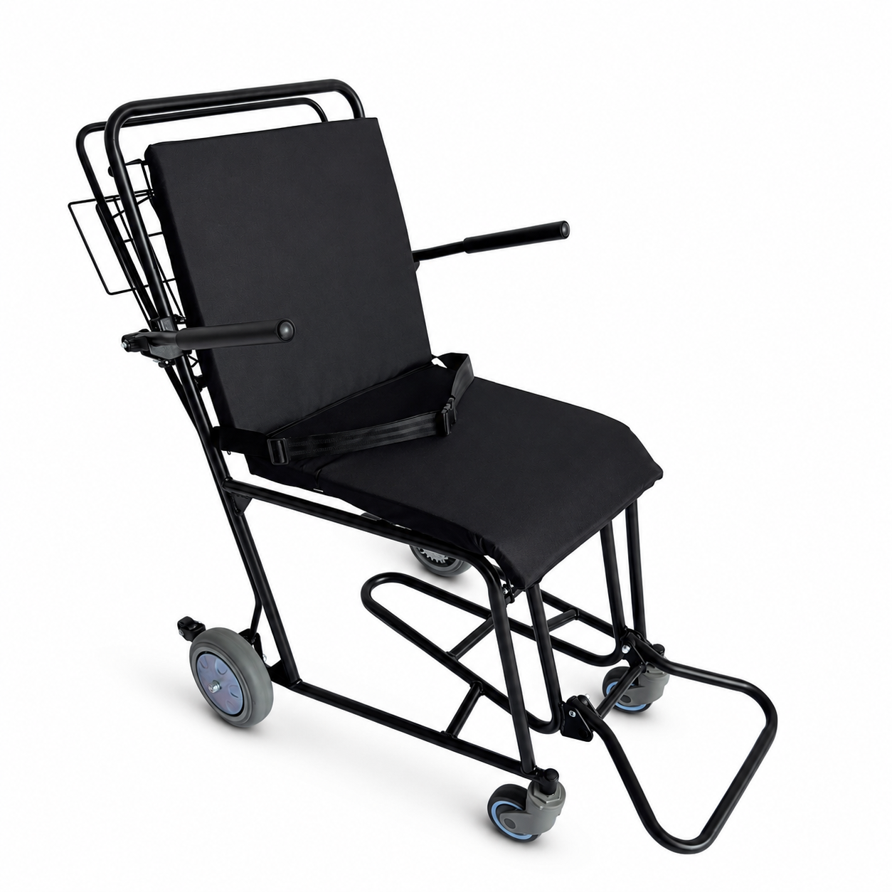 Client-supplied black attendant airport chair showing complete seat, belt, basket, wheels and front foot loop