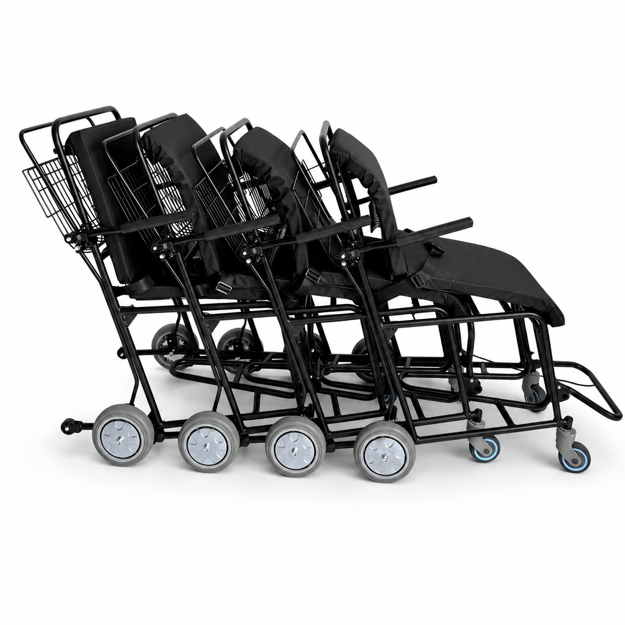 Client-supplied airport attendant chair image showing five black chairs nested in storage from the side