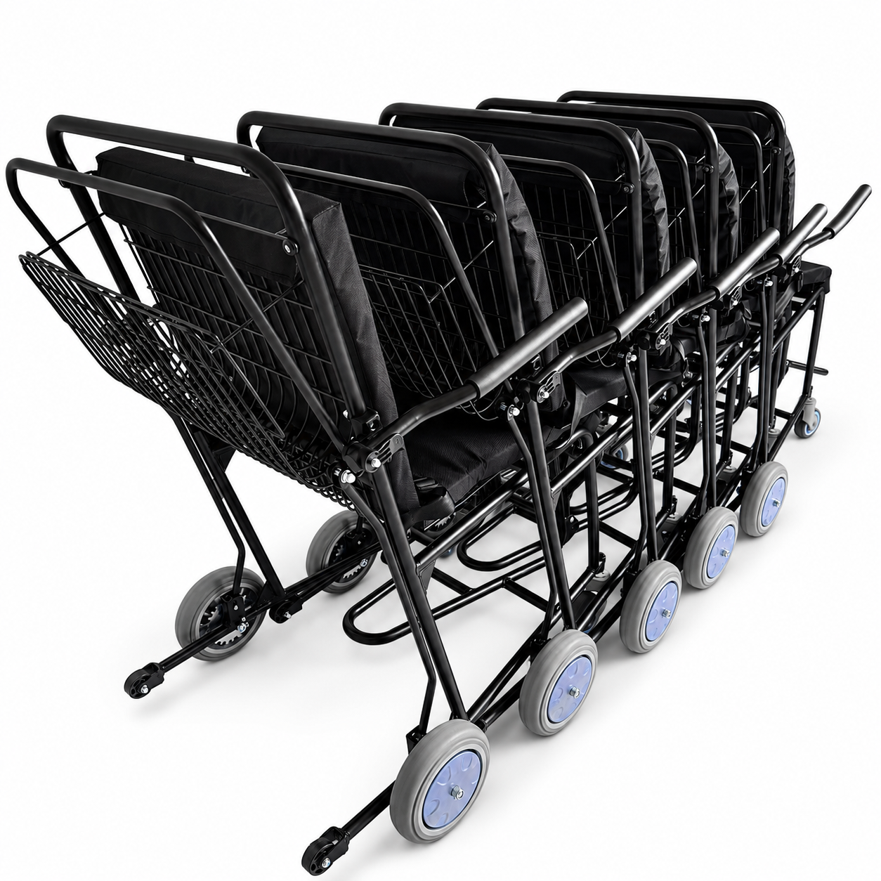 Client-supplied airport attendant chair image showing nested fleet from rear angle