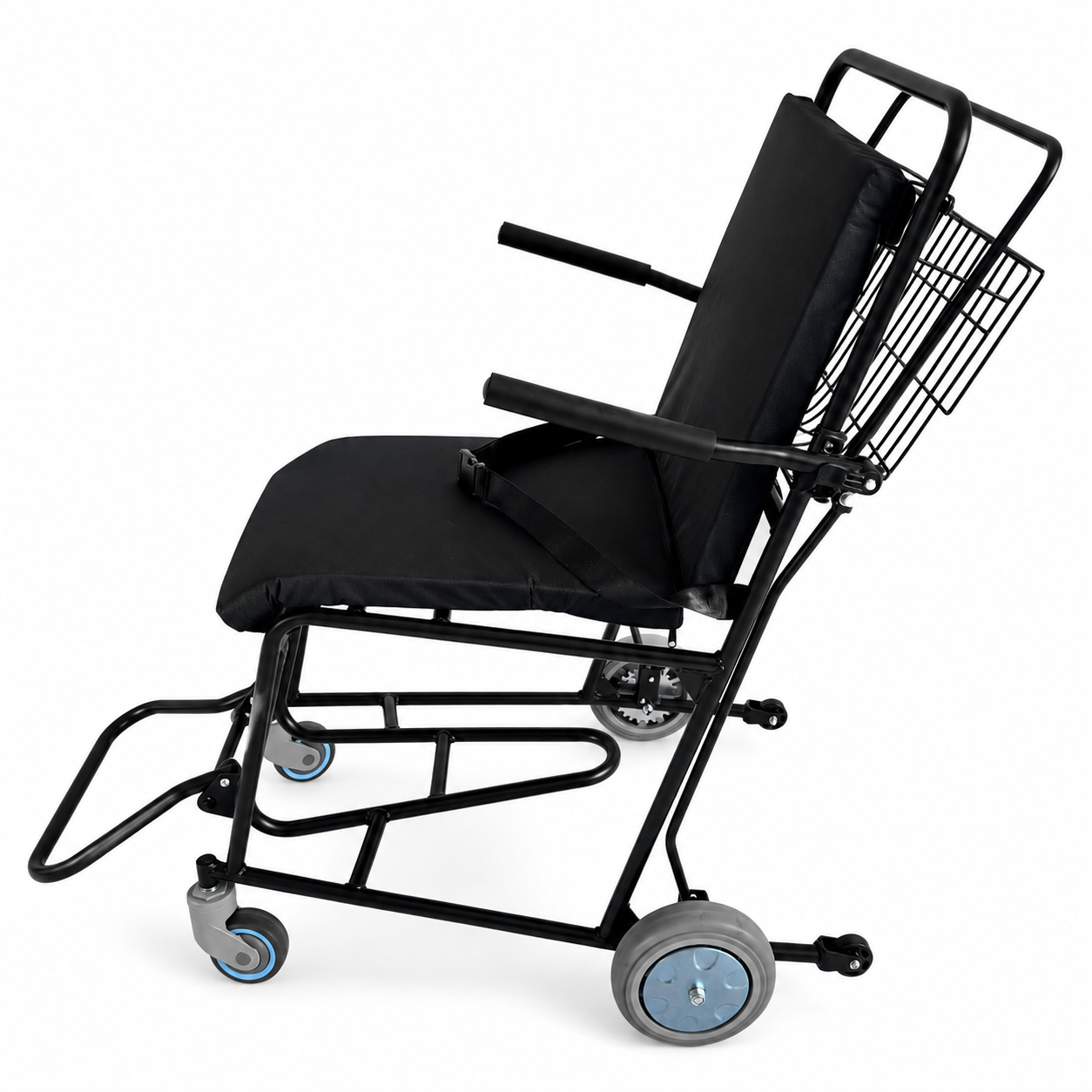 Client-supplied airport attendant chair image showing single black chair in side view