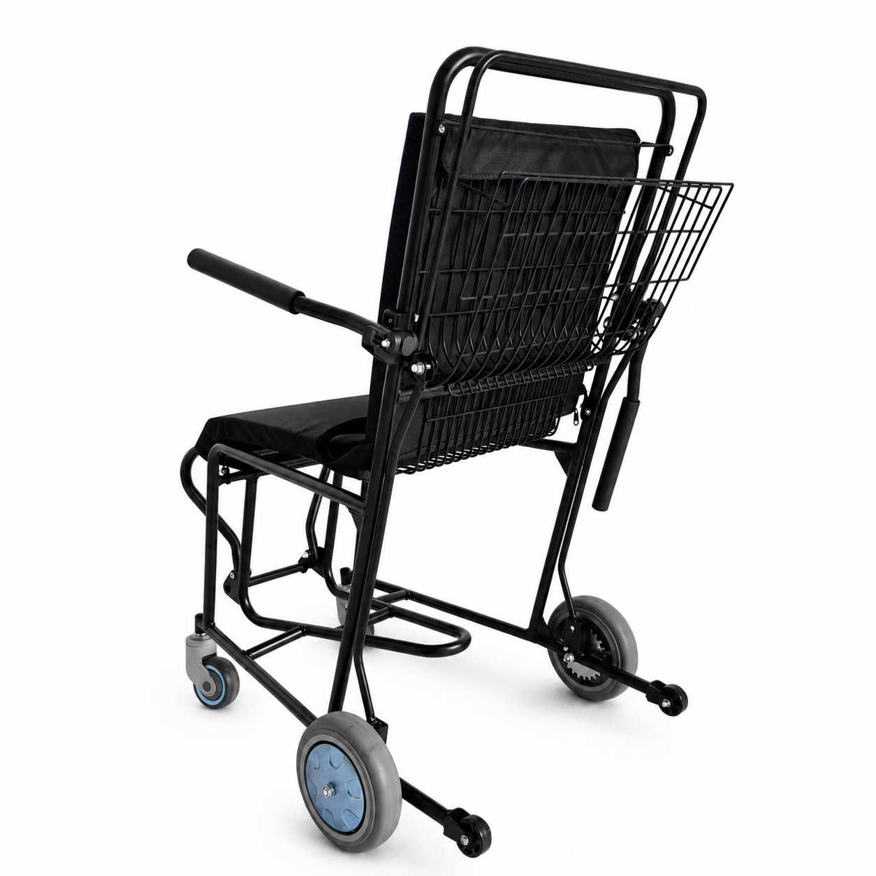 Client-supplied airport attendant chair image showing rear view with basket and attendant handles