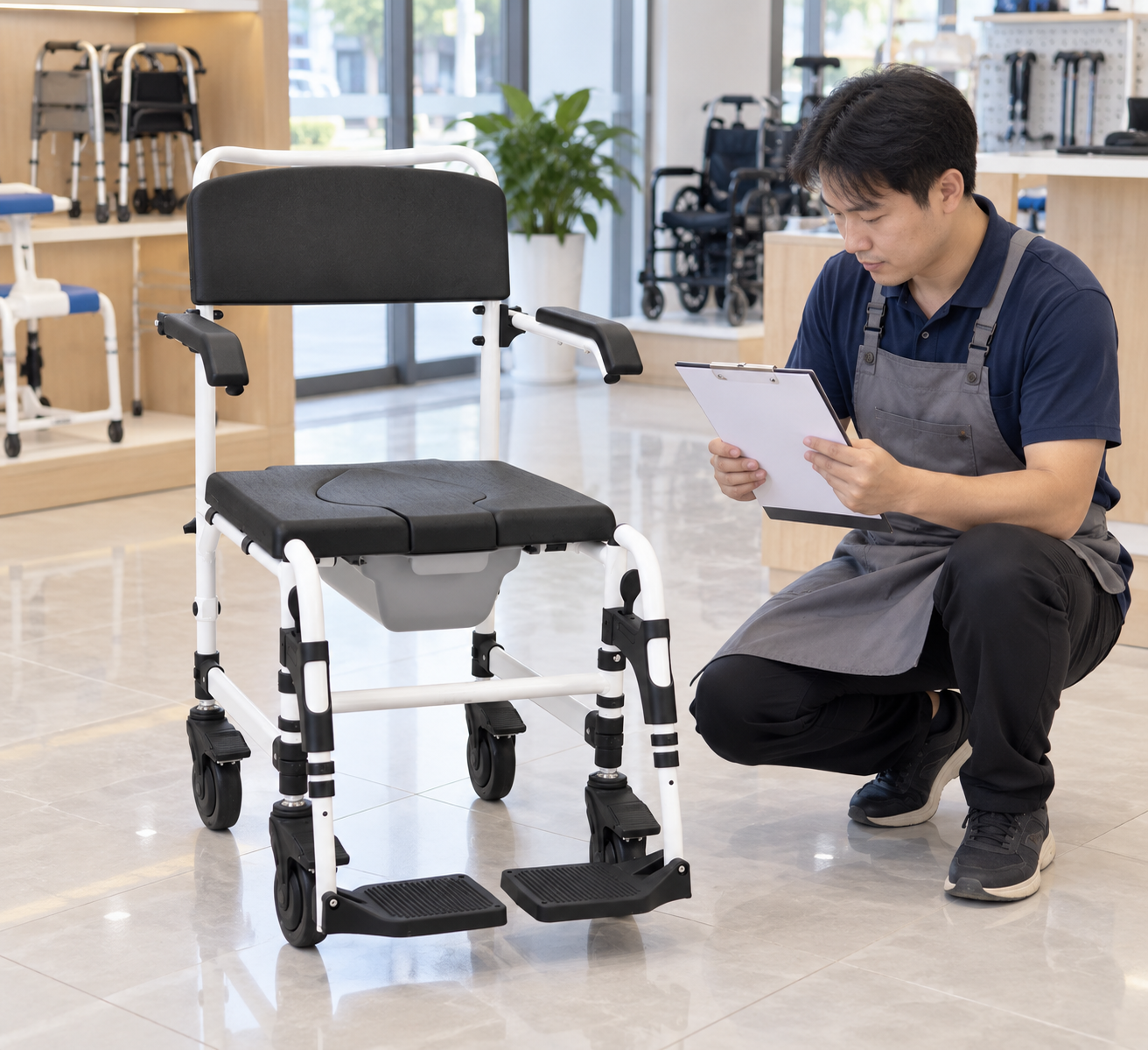 Illustrative care-record review beside a white wheeled commode chair