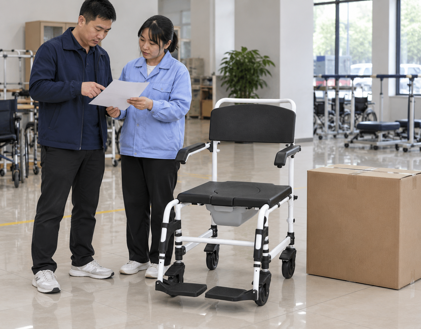 Illustrative receiving-record review beside a white wheeled commode chair