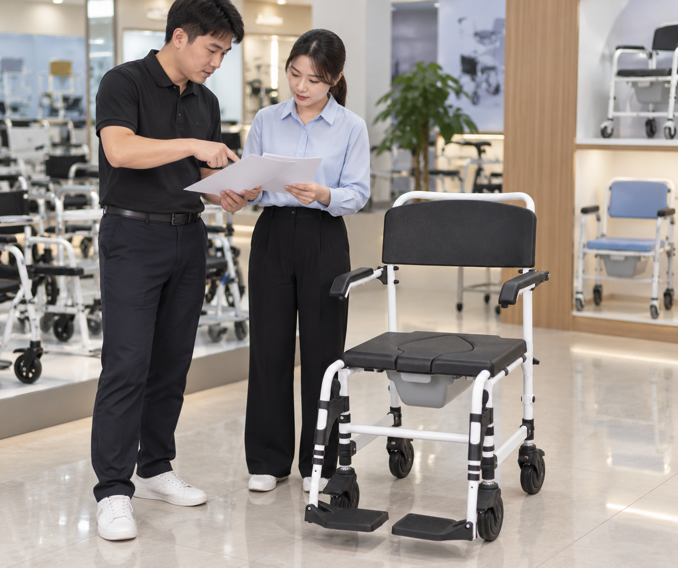 Illustrative model-document review beside a white wheeled commode chair