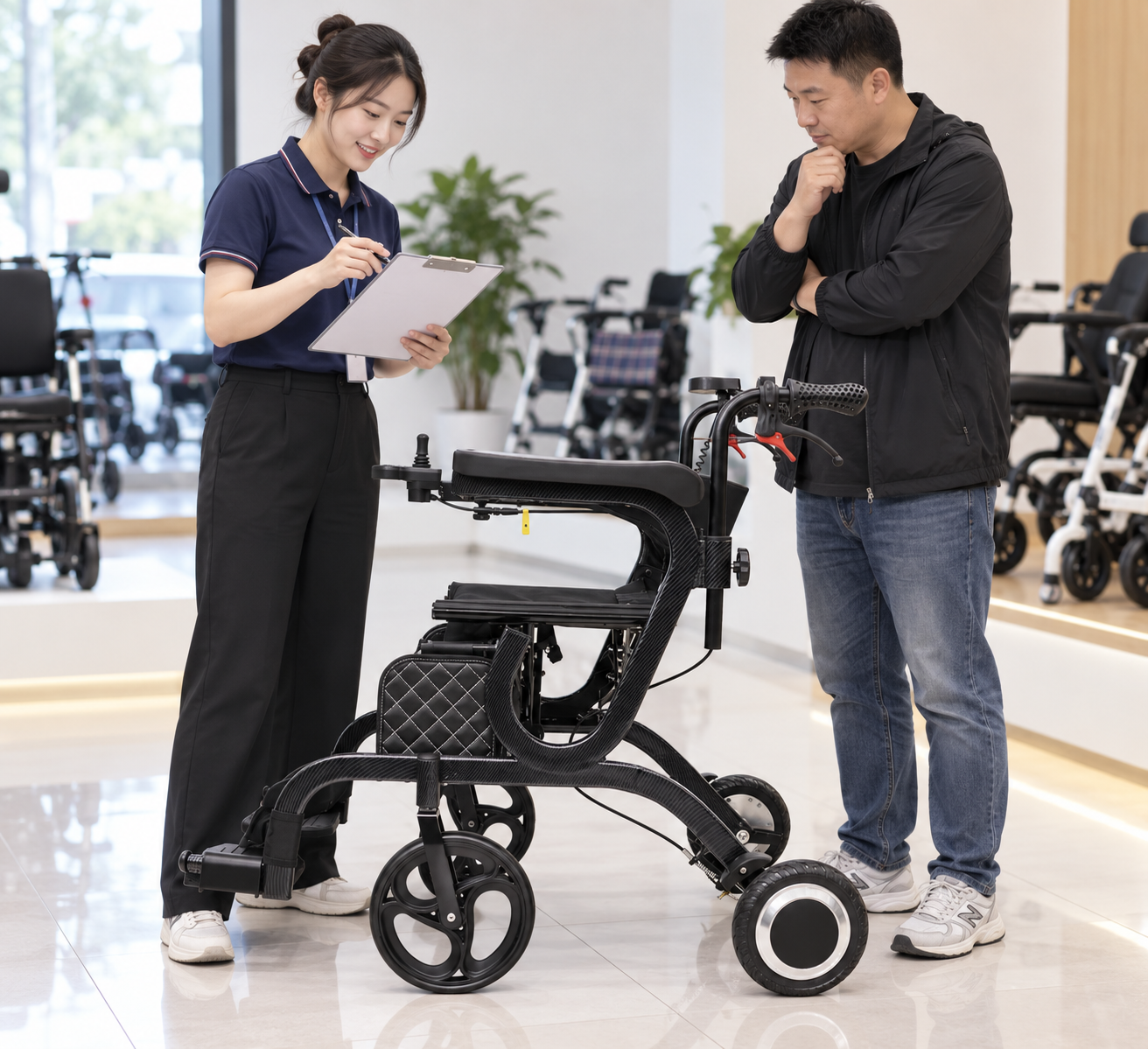 Illustrative powered walker supplier handover beside the complete device