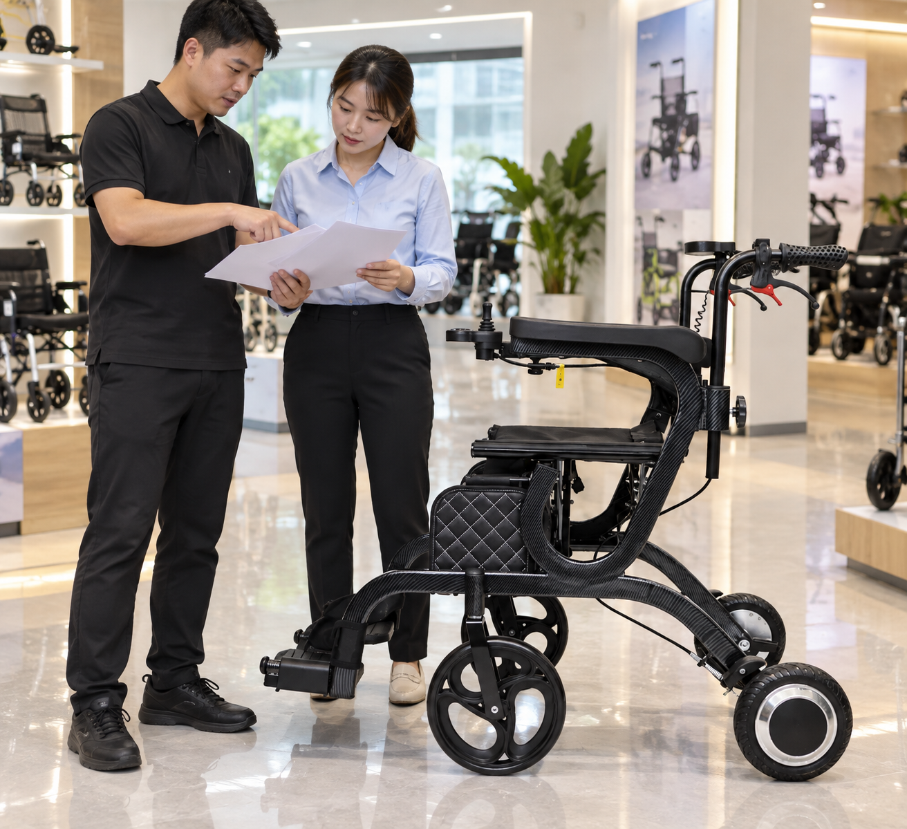 Illustrative powered walker model and control review beside the complete device