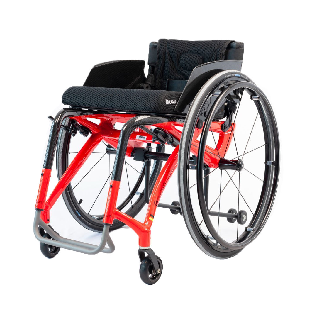 Supplied red sports manual wheelchair in an alternate front view
