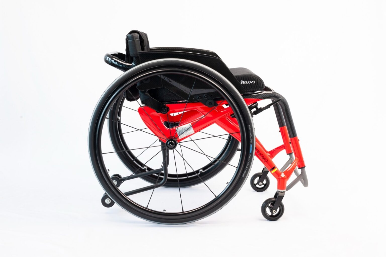 Supplied red sports manual wheelchair rear wheel and frame view