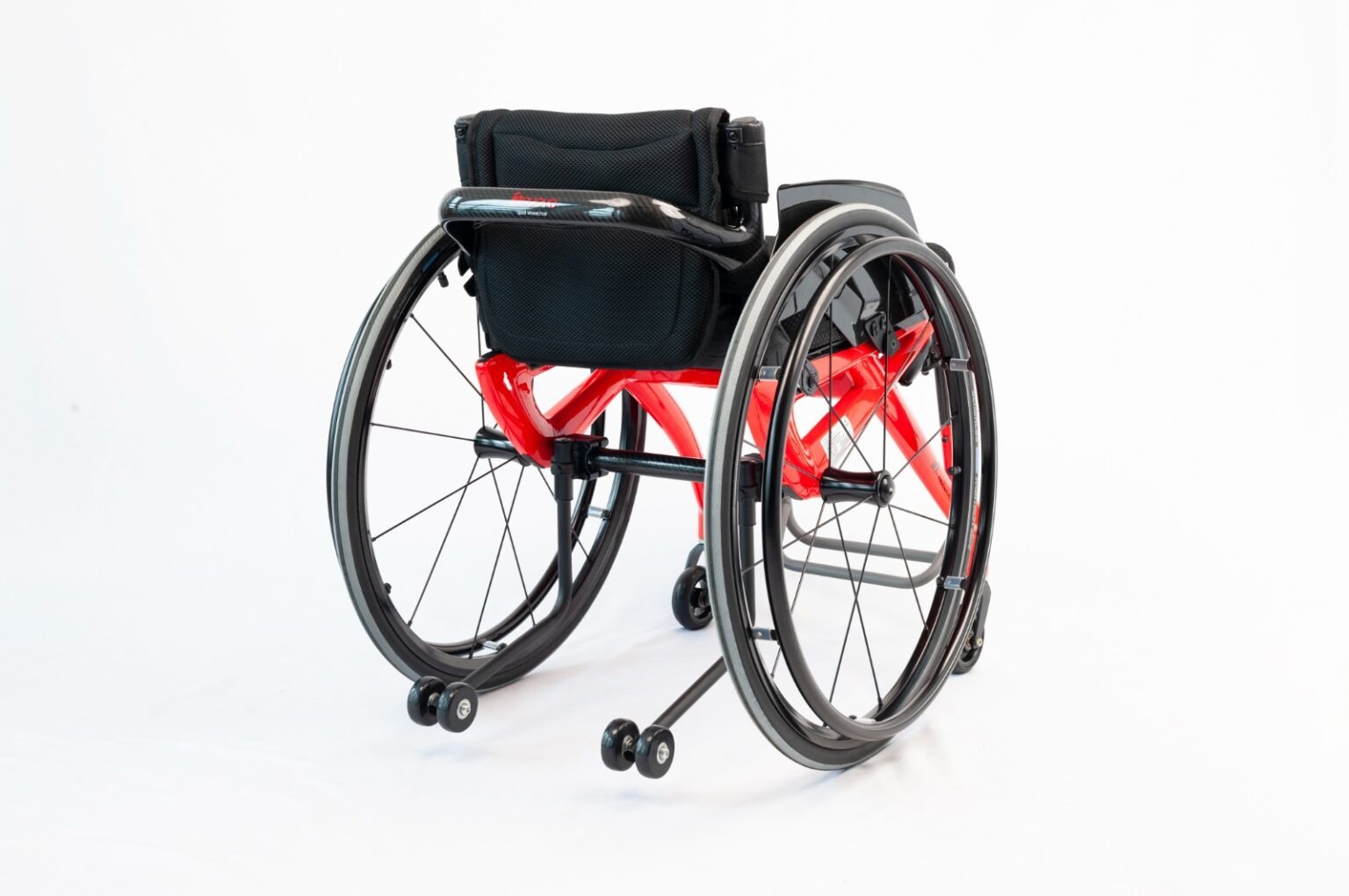 Supplied red sports manual wheelchair viewed from behind