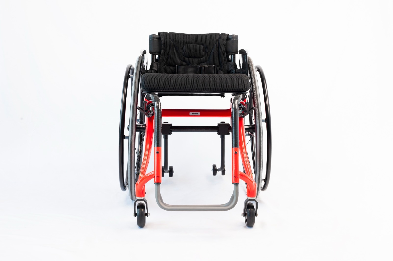 Supplied red sports manual wheelchair viewed from the front