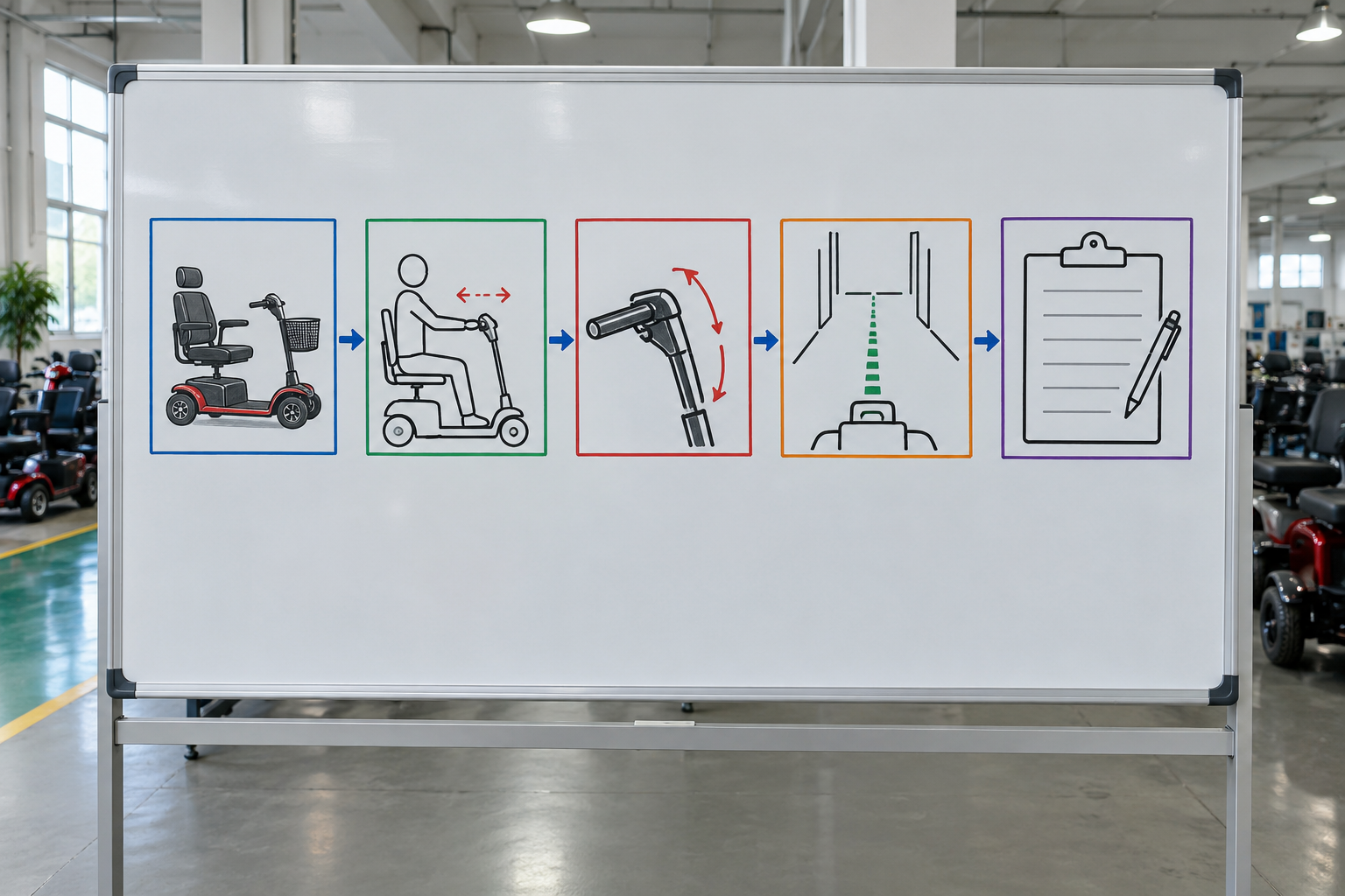 Photoreal tiller-fit review chart showing model, seated reach, permitted setting, route and blank record