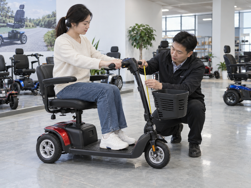 Illustrative East Asian product team reviewing tiller reach on a complete three-wheel mobility scooter in China
