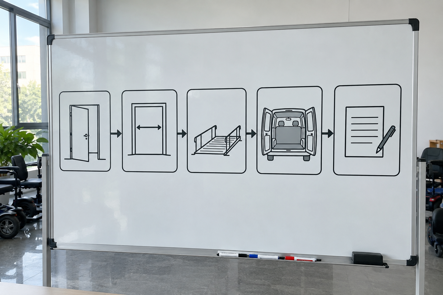 Photoreal mobility scooter loading route chart showing doorway, route width, ramp, vehicle bay and blank handover record