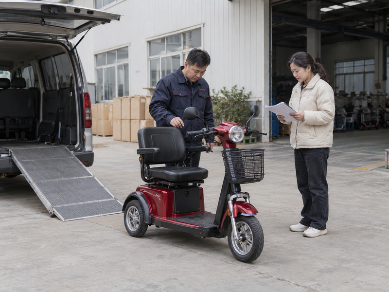 Illustrative East Asian dealer team reviewing a complete mobility scooter beside a vehicle access ramp in China