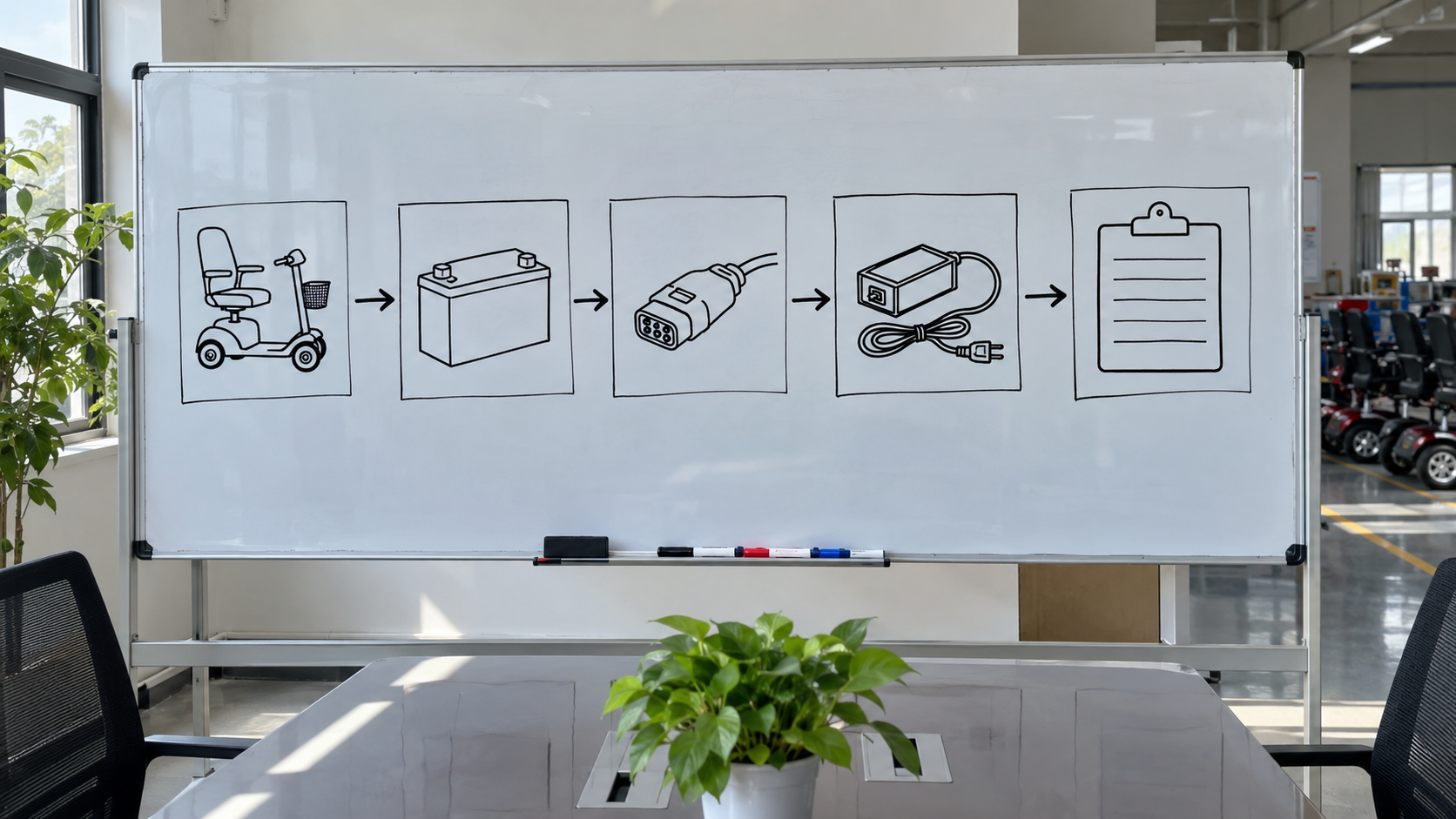 Photoreal battery-match chart showing scooter, pack, connector, charger and blank service record