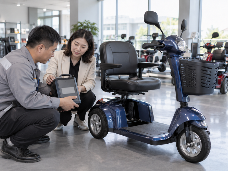 Illustrative East Asian team reviewing a disconnected mobility scooter battery identification panel in a China showroom