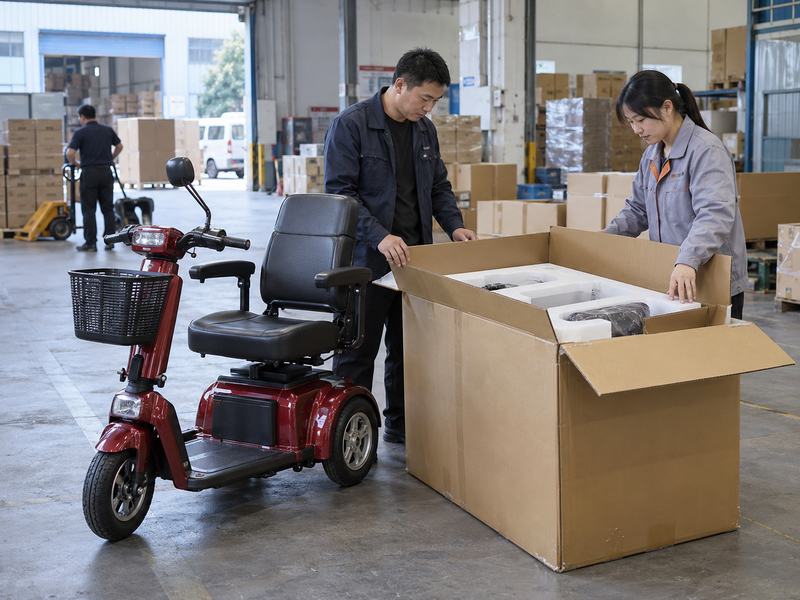 Illustrative East Asian factory team inspecting a scooter shipping carton and complete scooter in China