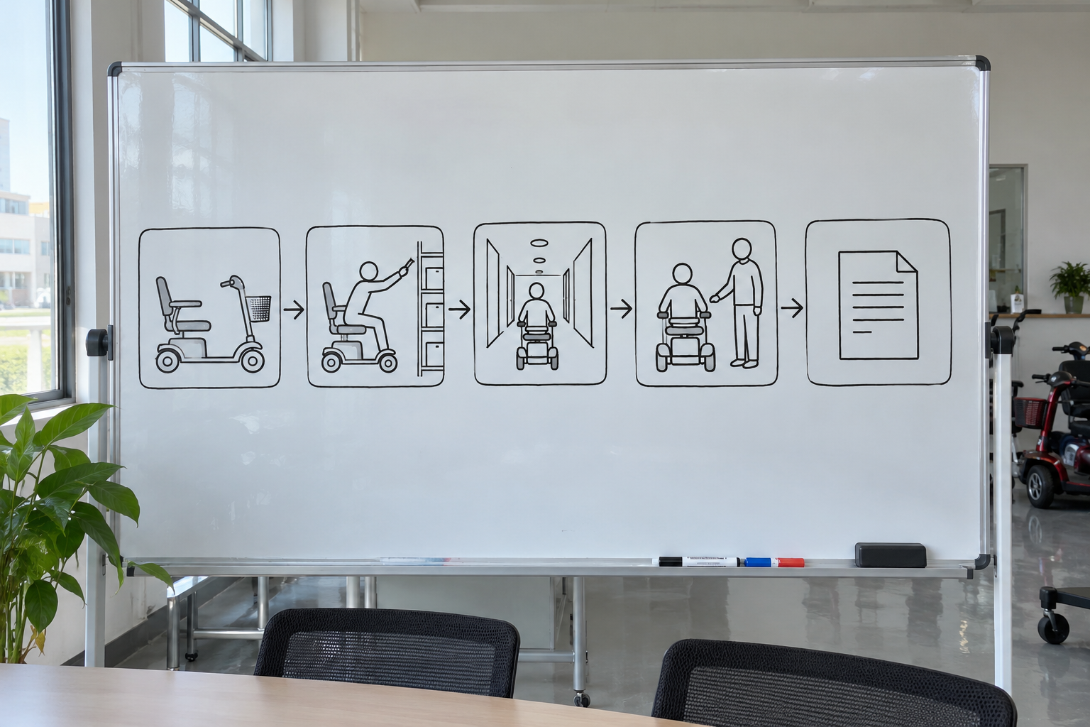Photoreal scooter sample trial chart showing model, seated reach, indoor route, supervised stop and blank report