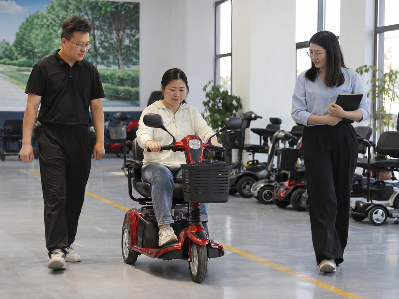 Illustrative East Asian dealer team observing a controlled mobility scooter sample trial in a China showroom