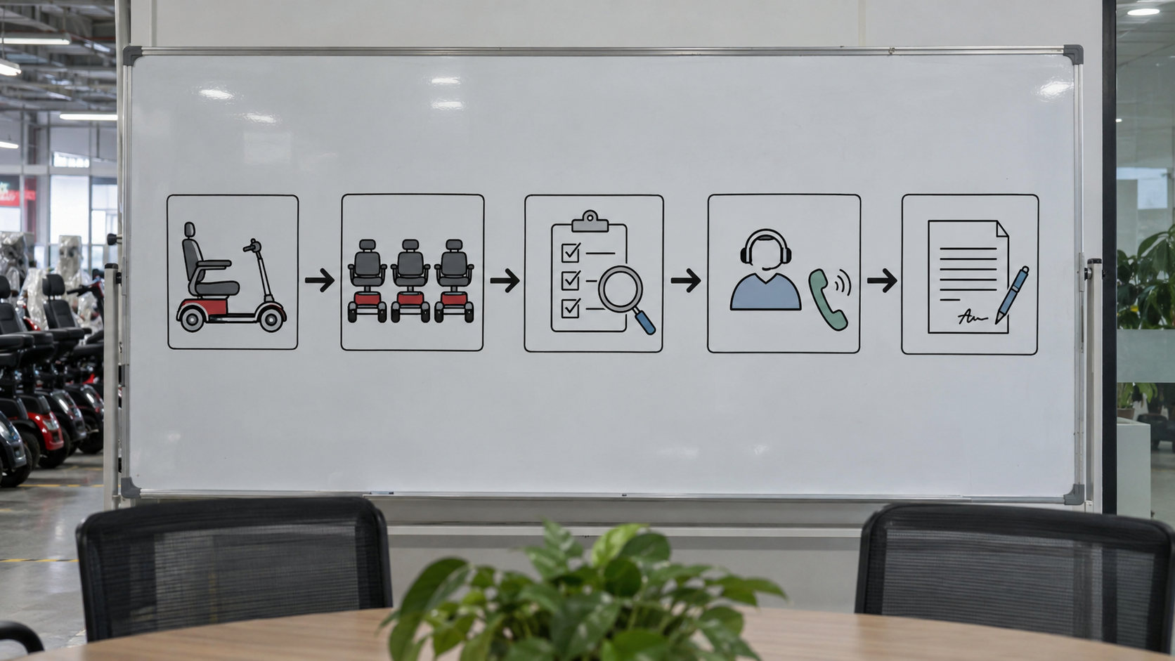 Photoreal scooter fleet handover chart showing model, units, inspection, service contact and blank signed record
