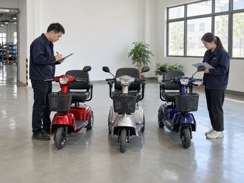 Illustrative East Asian factory team recording three complete mobility scooters during a fleet handover in China