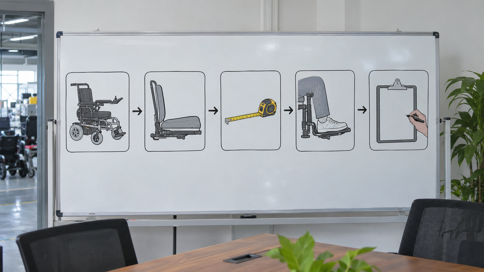 Photoreal electric wheelchair seat-depth chart showing exact model, seat profile, measurement, foot support and blank review form