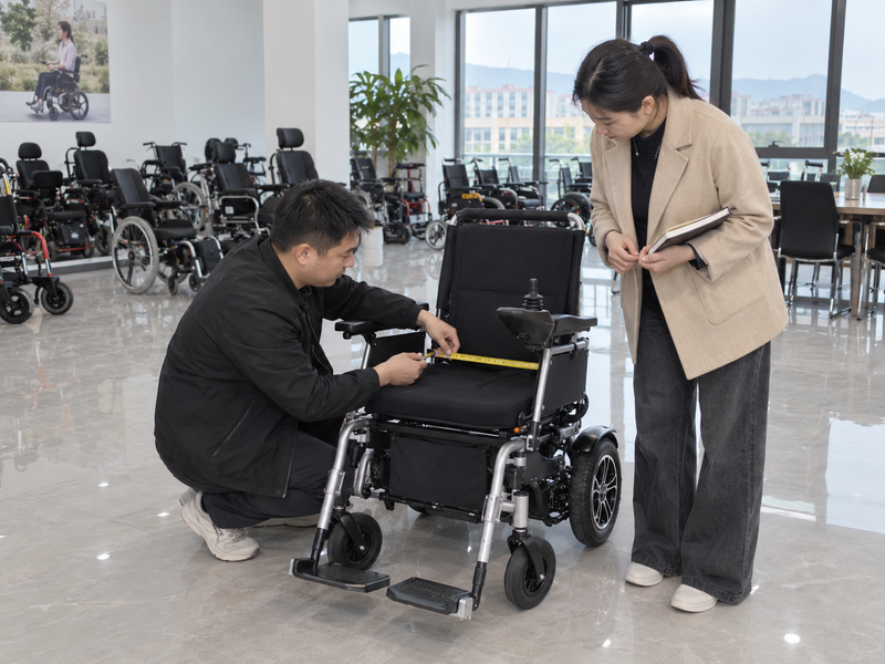 Illustrative East Asian product team reviewing seat depth on a complete joystick-controlled electric wheelchair in China