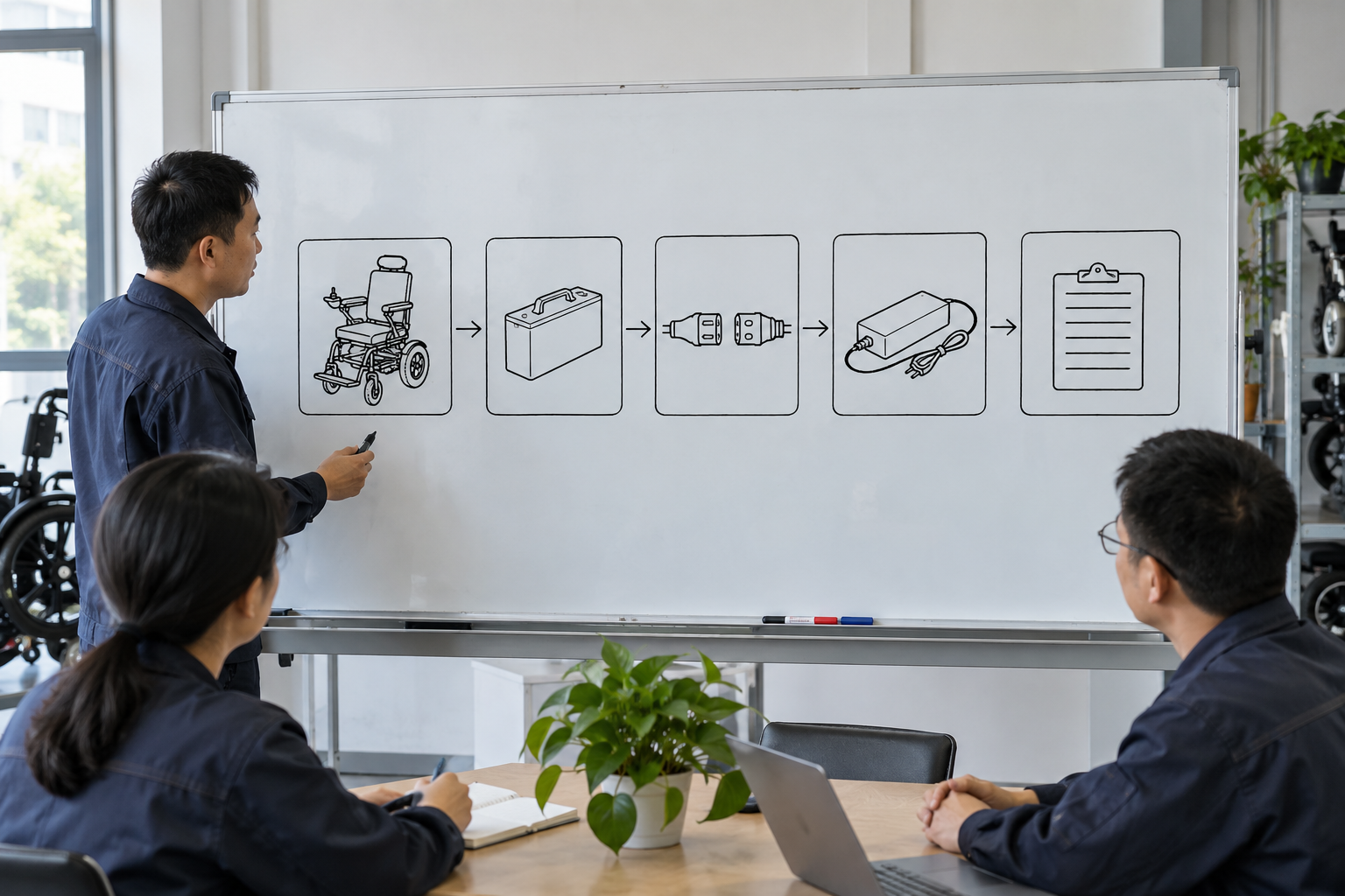 Photoreal electric wheelchair battery-plug chart showing chair, pack, connector, charger and blank service record