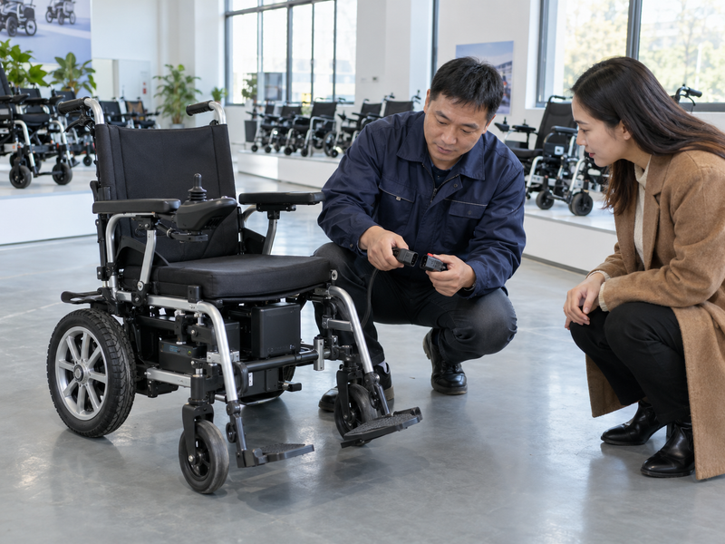 Illustrative East Asian product team reviewing a disconnected electric wheelchair battery connector beside a complete chair