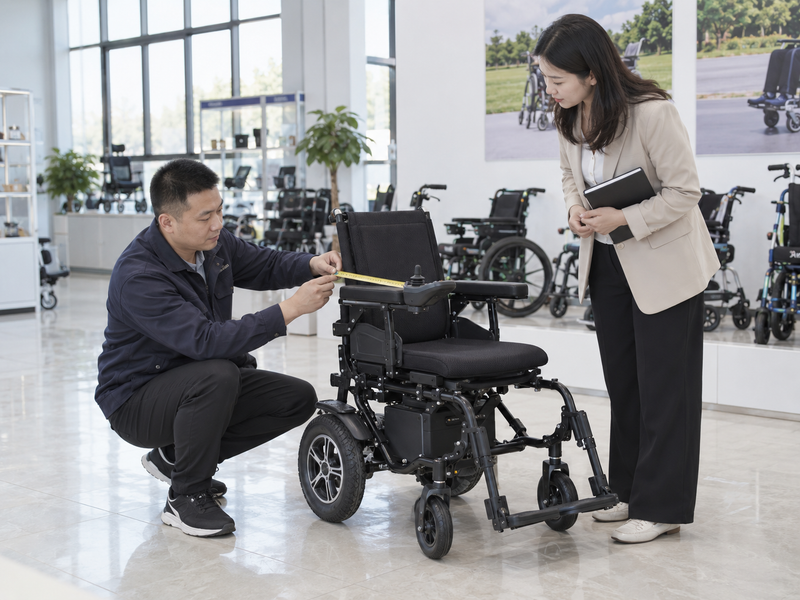Illustrative East Asian product team reviewing joystick mount reach on a complete electric wheelchair in China