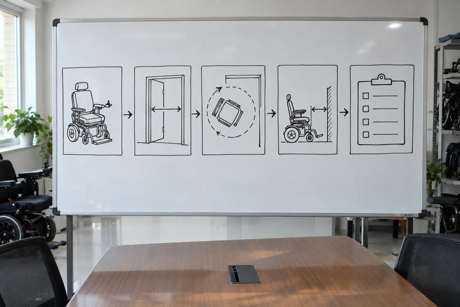 Photoreal electric wheelchair transfer-space chart showing chair, doorway, turn, side approach and blank room record