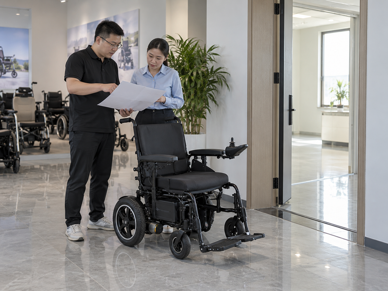 Illustrative East Asian product team reviewing electric wheelchair access near a doorway in a China showroom