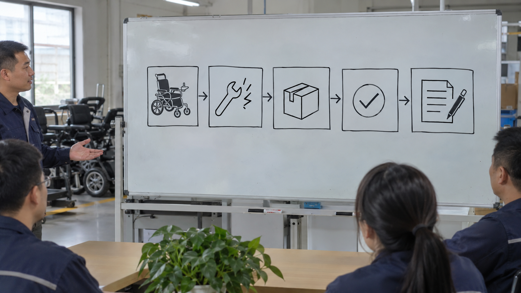 Photoreal electric wheelchair service-log chart showing unit identity, fault note, approved part, qualified check and blank record