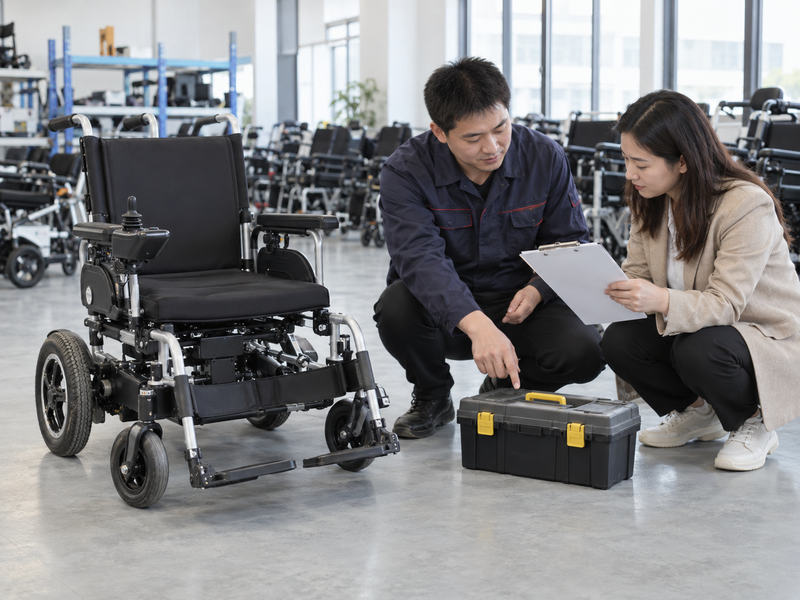 Illustrative East Asian service team reviewing a blank electric wheelchair maintenance record beside a complete chair