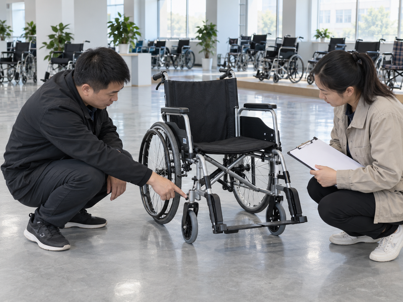 Illustrative East Asian factory team inspecting the front caster fork of a complete manual wheelchair in China