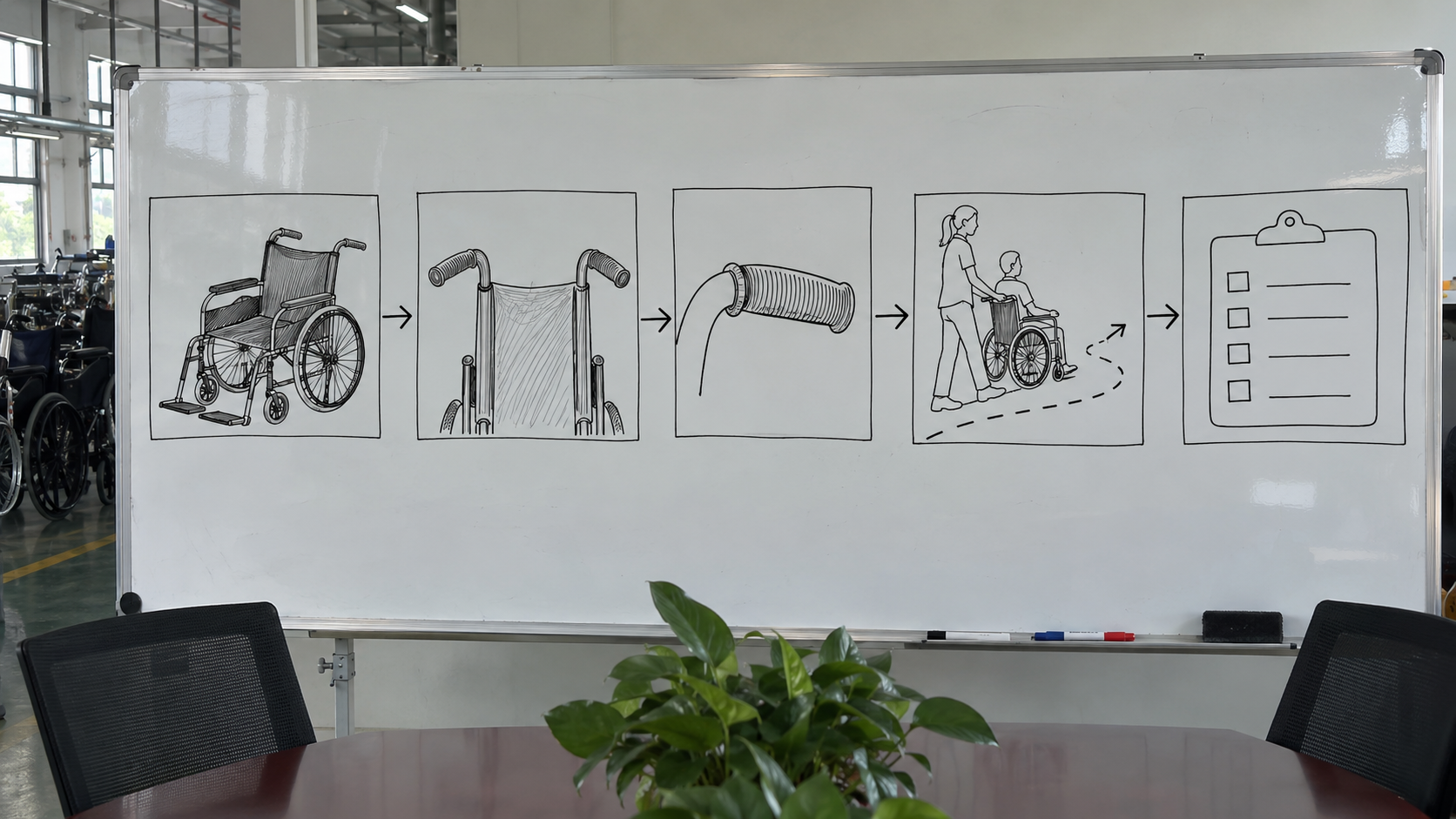 Photoreal manual wheelchair push-handle chart showing chair, rear handles, grip, attendant route and blank inspection record