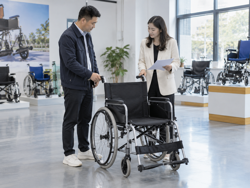 Illustrative East Asian product team reviewing the rear push handles of a complete folding manual wheelchair in China
