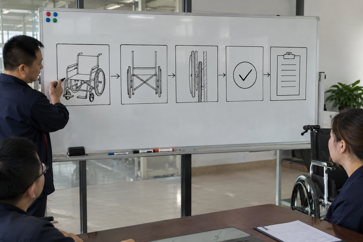 Photoreal manual wheelchair frame-review chart showing chair, front frame, wheel reference, qualified check and blank record