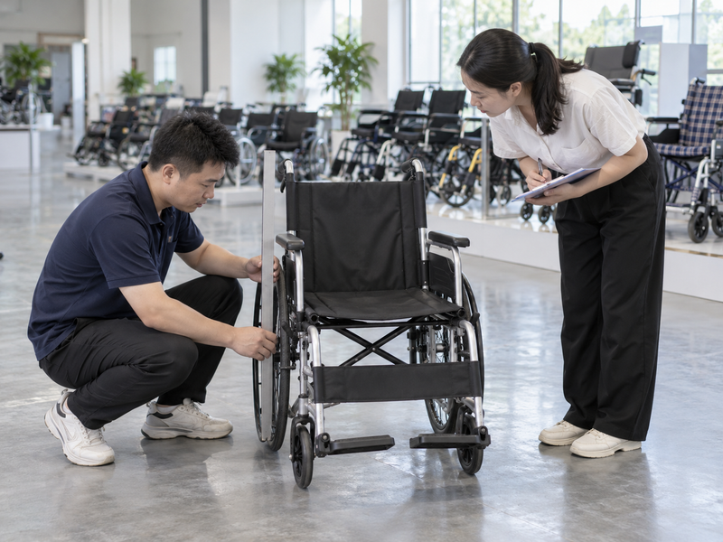 Illustrative East Asian product team inspecting the frame of a complete folding manual wheelchair in China