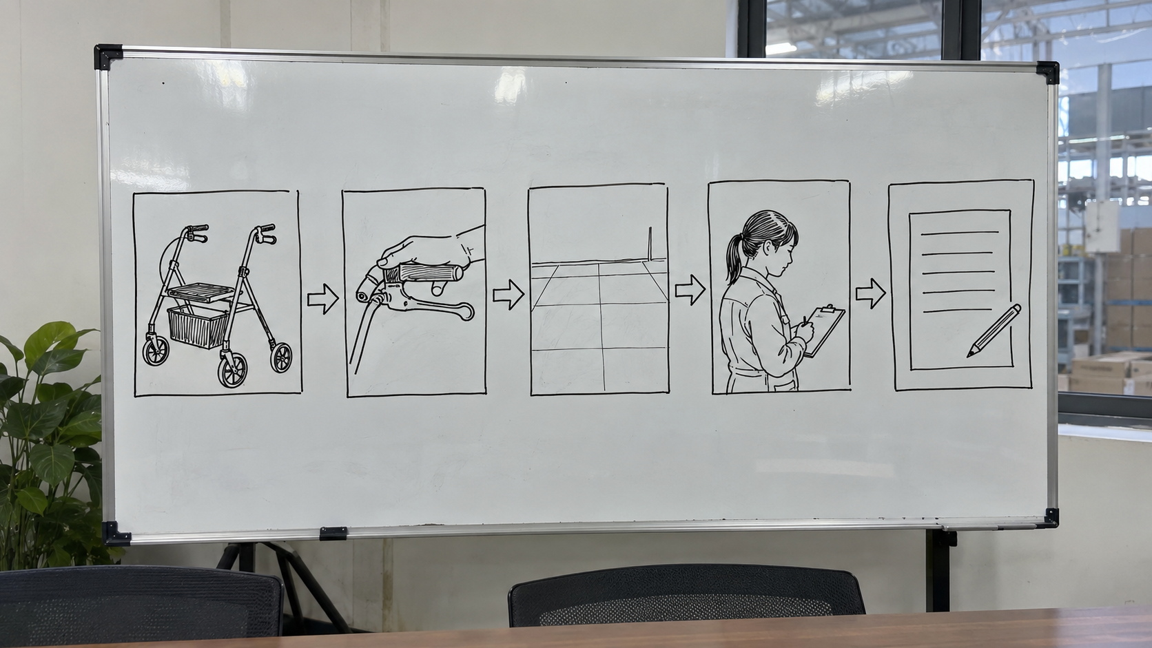 Photoreal rollator parking-brake chart showing rollator, lever, level floor, trained inspection and blank signed record