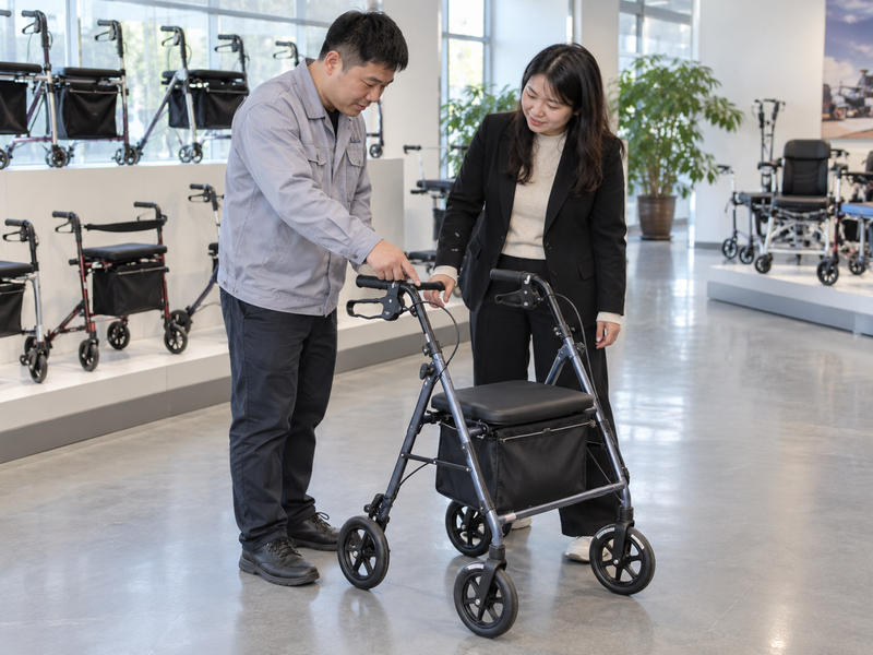 Illustrative East Asian dealer team reviewing brake controls on a complete stationary rollator in a China showroom