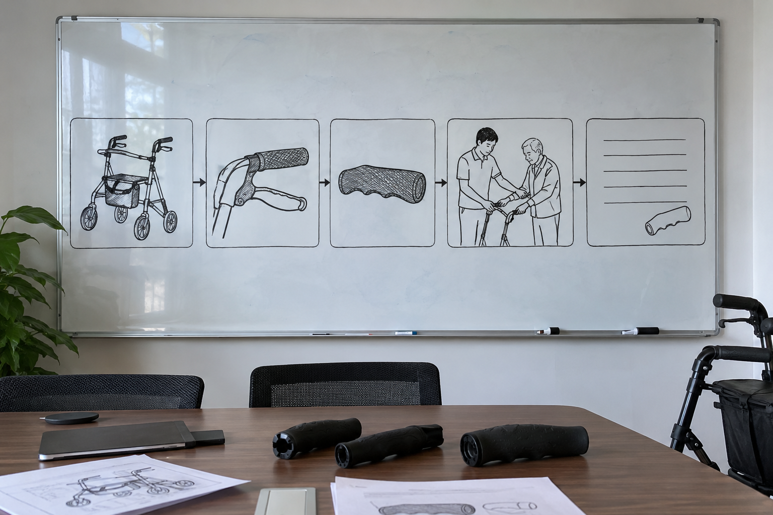 Photoreal rollator hand-grip chart showing rollator, handle, matching grip, supervised trial and blank parts record