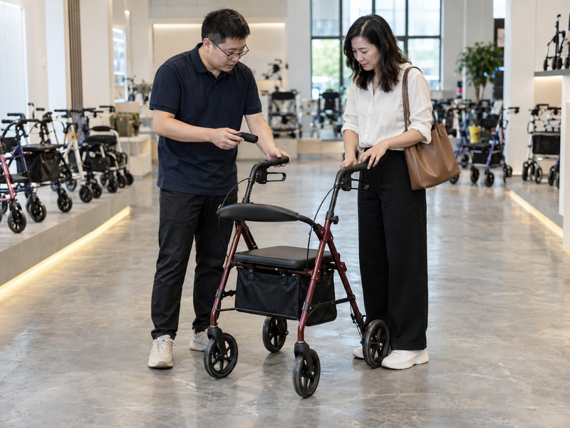 Illustrative East Asian dealer team comparing hand grips beside a complete seated rollator in China
