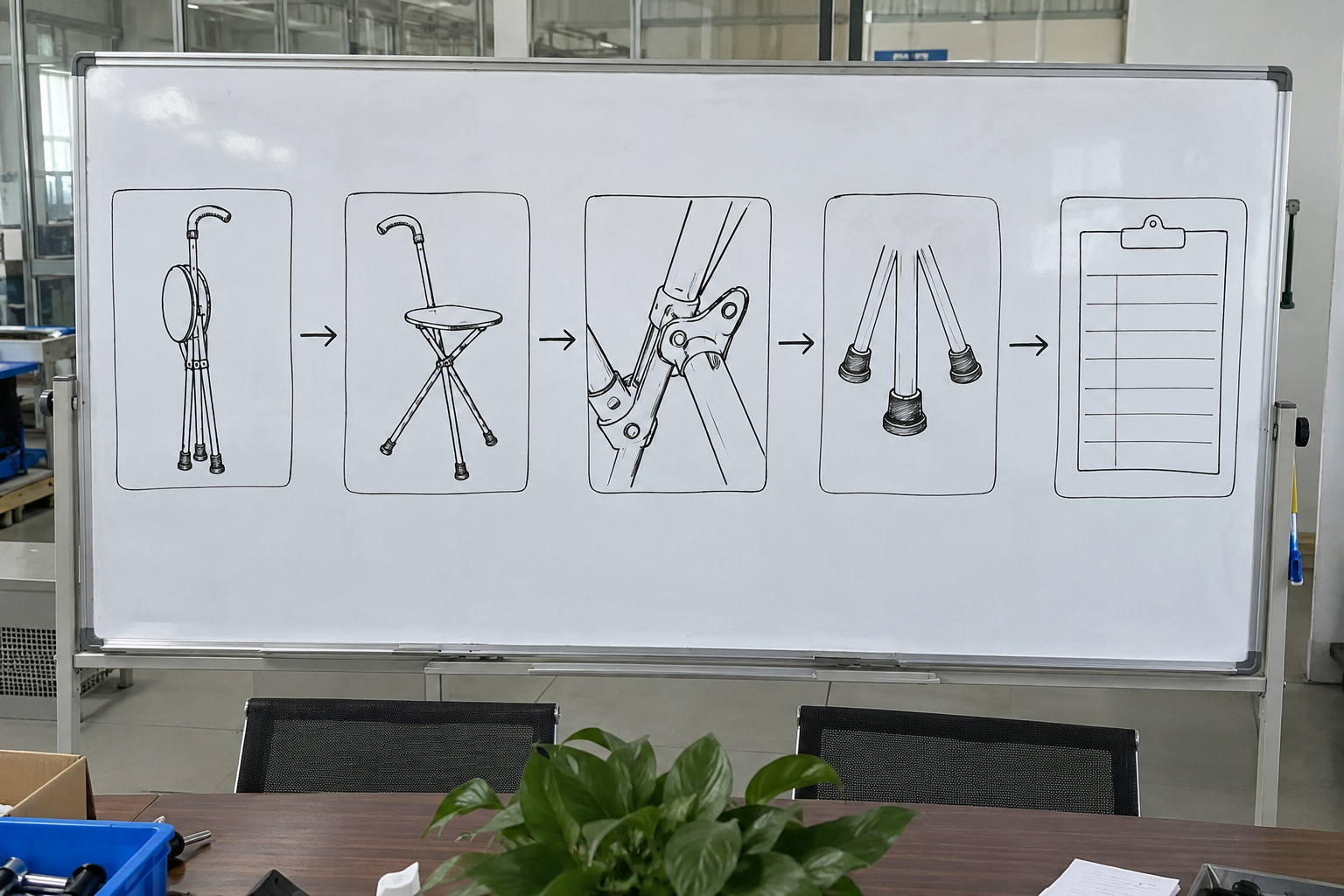 Photoreal cane-seat hinge chart showing closed cane, open three-leg seat, hinge, rubber tips and blank record