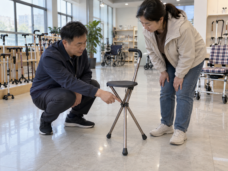 Illustrative East Asian team inspecting the central hinge of a complete open three-leg cane seat in China