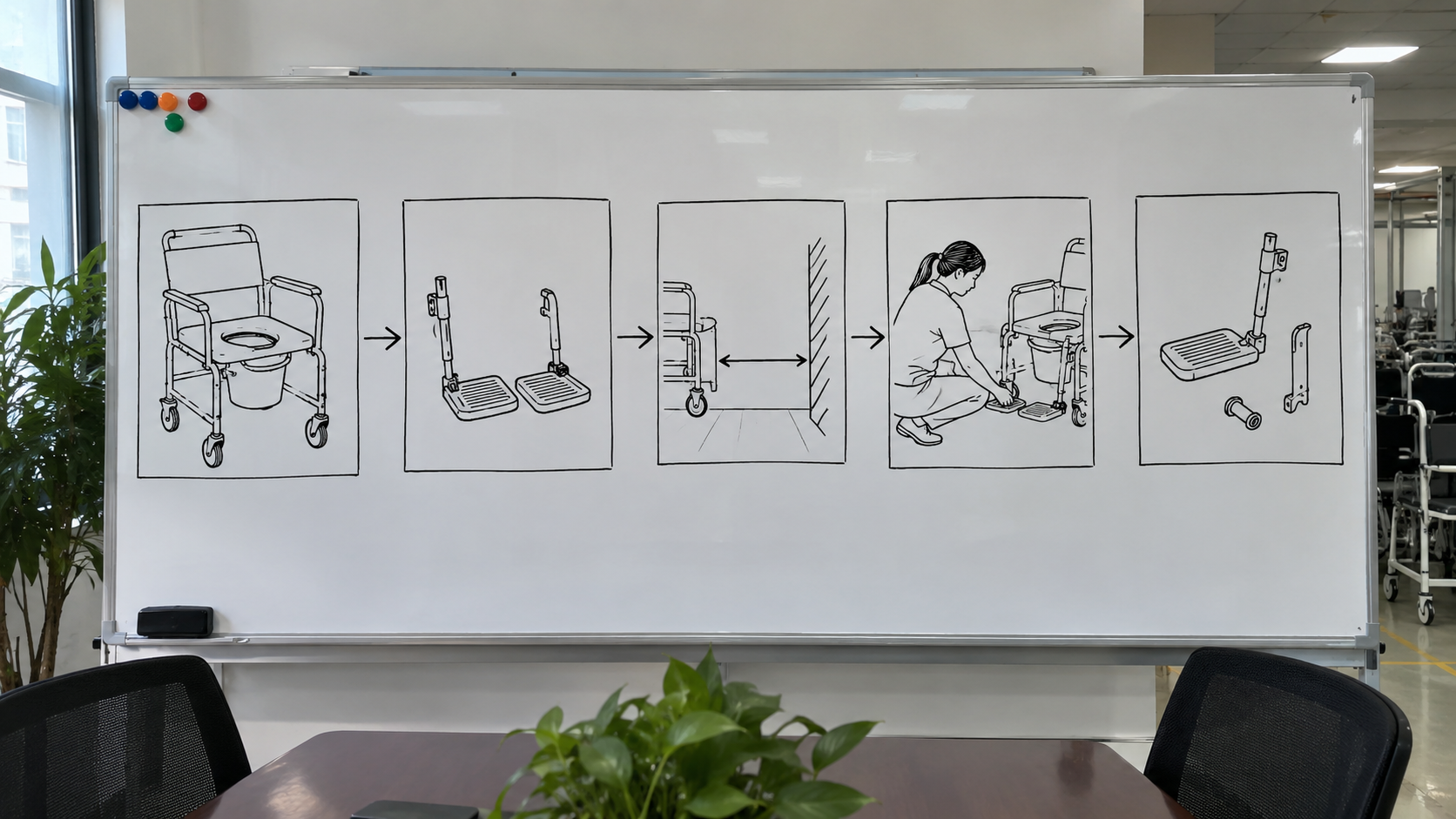 Photoreal commode-chair footplate chart showing chair, plates, approach space, fit review and blank parts record