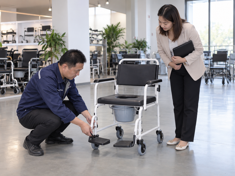 Illustrative East Asian product team reviewing footplates on a complete white wheeled commode chair in a dry China showroom
