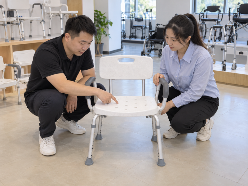 Illustrative East Asian product team reviewing perforations on a complete white shower chair in a dry China showroom