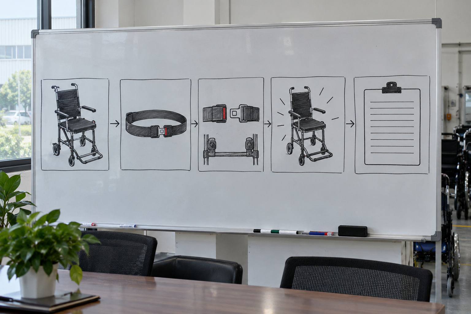 Photoreal airport wheelchair belt chart showing chair, lap strap, buckle anchors, empty-chair inspection and blank handover record